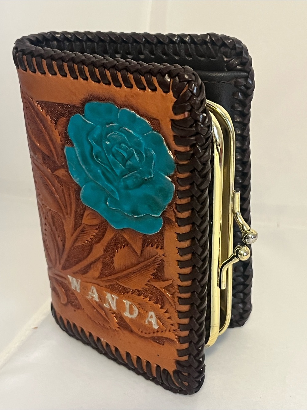 Hand-Tooled Leather Wallet with Turquoise Floral Accent hand Painted H66